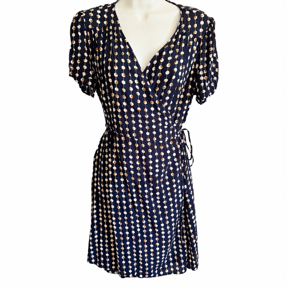 Artizan Robin Barre Womens Large Navy Blue Geometric Dot Rayon Wrap Mini Dress‎